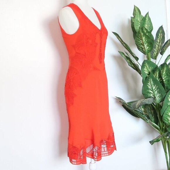 Jonathan Simkhai Red V-neck Sleeveless Lace Appliqué Crepe Cocktail Dress 4 - Picture 7 of 15